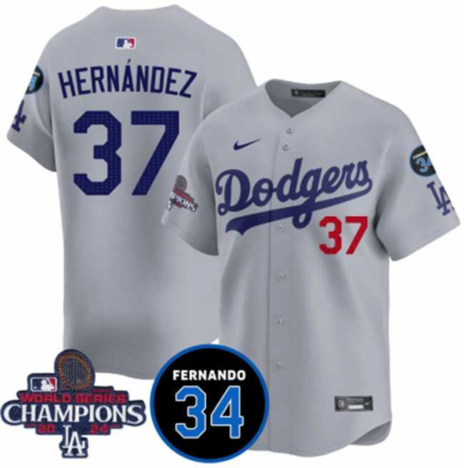 Men%27s Los Angeles Dodgers #37 Teoscar Hernandez Gray 2024 World Series Champions With Fernando Memorial Patch Vapor Premier Limited Stitched Jersey Dzhi->los angeles dodgers->MLB Jersey